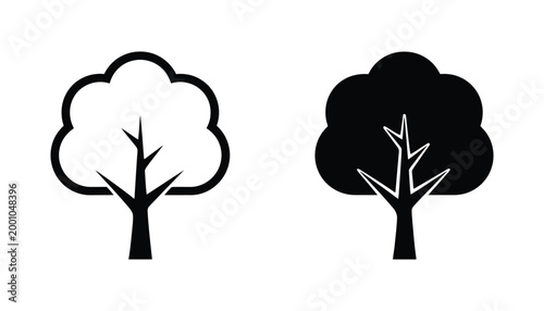 Forest tree nature icon set in minimalist line and solid black design