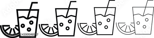 Minimalist juice glass icons with citrus slice and straw, black line art beverage symbols in varying stroke weights, 4 vector drink elements