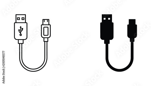 USB data cable icon set for electronic connectivity in flat vector style
