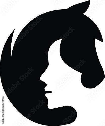 Minimalist horse and woman profile logo, elegant equestrian silhouette vector, black and white feminine beauty and stallion negative space icon