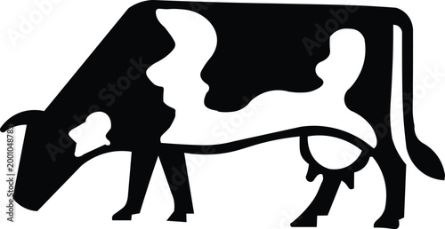 Minimalist cow silhouette vector, black and white spotted dairy cattle icon, grazing farm animal profile for organic food branding and agriculture