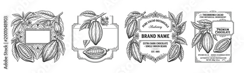 Vintage cacao botanical label and premium chocolate packaging templates with ornate frames, pods, beans, leaves, and engraved product badges