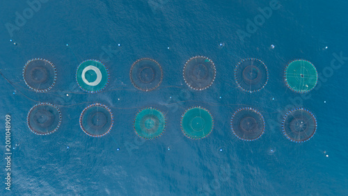 Foto Aerial top-down view of a large commercial offshore aquaculture fish farm featur