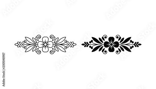 Decorative floral header ornament set with symmetrical flower and leaf flourishes in outline and solid black vector format for book design and greeting cards isolated on white background graphic