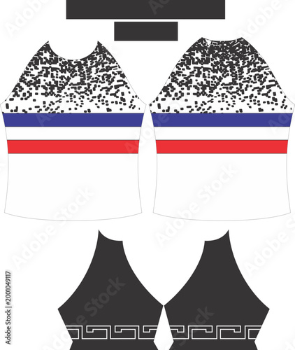 White Sports Jersey Template with Blue and Red Stripes and Pixel Graphic Pattern