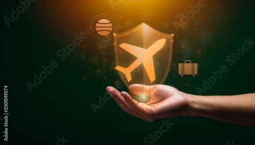 Travel Insurance Digital Protection Concept with Hand Holding Holographic Shield and Icons, Copy Space Left