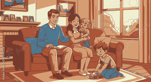 Family sitting on the couch together.