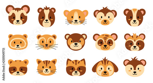 Various cartoon animal faces closeup.