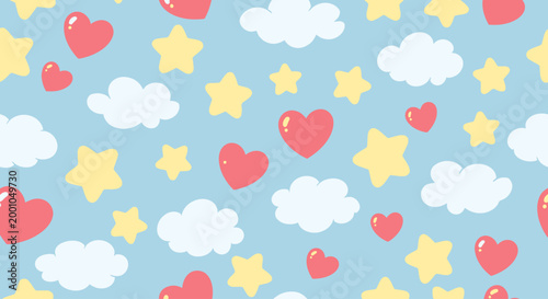 Hearts stars and clouds pattern.