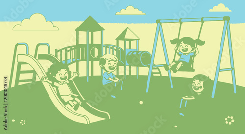 Children Playing on a Swing Set.