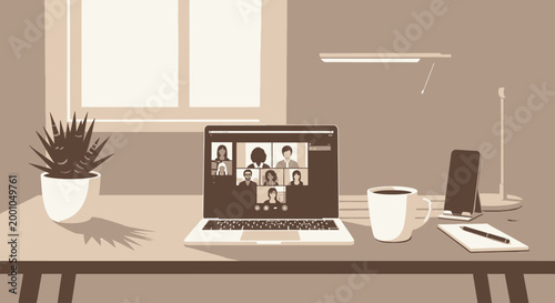 Laptop on desk with video call.