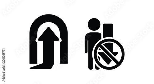 Accessibility signage no wheelchair access with silhouette of person and archway