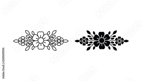 Floral divider element with symmetrical leaves and blossoms in minimal line art and solid black vector style for decorative page breaks and graphic design projects