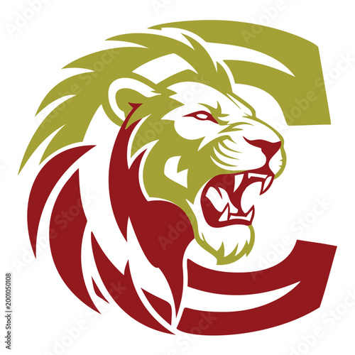 Lion head logo, fierce animal icon, gold and red vector emblem, roaring beast symbol