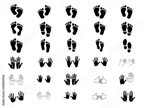 Black Hand and Foot Print Icons Set, Human Palm and Foot Silhouette Collection, Minimal Vector Isolated on White Background
