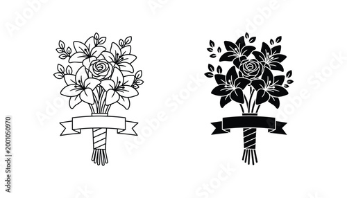 Floral bouquet arrangement with ribbon banner in clean line art and solid black vector style for celebration cards and elegant graphic design projects