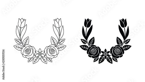 Floral wreath semi-circle arrangement with tulips and roses in outline and solid black vector style for wedding invitations and elegant graphic design