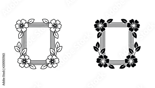 Rectangular floral border frame with blossoms and leaves in clean line art and solid black vector style for elegant photo framing and graphic design