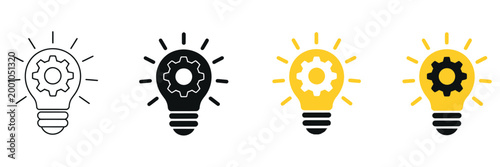 Light bulb combined with gear cogwheel symbols showing creativity, innovation, engineering ideas, technical solutions, brainstorming, mechanical design, startup development, and strategic problem 