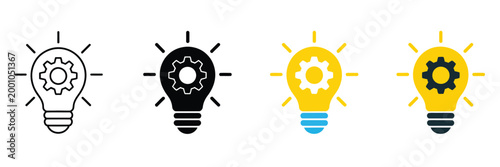 Light bulb with gear cogwheel icon set representing idea generation, inspiration, creativity, engineering solutions, problem solving, innovation process, technical development, and mechanical thinking