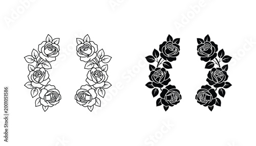 Rose bouquet frame vector set with realistic flower arrangement in outline and solid black silhouette styles for romantic invitations and vintage design elements