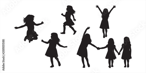 Black silhouettes of four young girls posing and waving in various active stances against a stark white background for graphic design use.