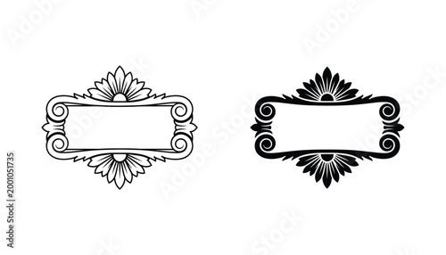 Elegant ornamental frame vector set with floral flourishes and scrollwork in outline and solid black silhouette styles for sophisticated vintage design projects