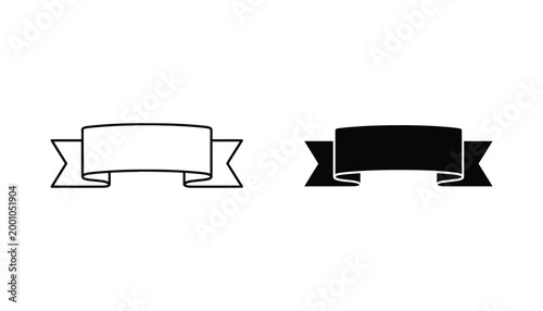 Curved ribbon banner vector illustration set with outline and solid black silhouette styles for text headers and decorative labels on a clean white background