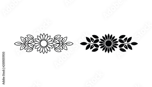 Floral divider vector set featuring a central flower with leaf accents in outline and solid black silhouette styles for elegant typography and page decoration