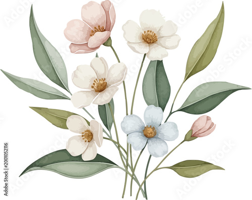 Delicate watercolor floral arrangement with soft pastel flowers and green leaves, elegant botanical composition for wedding, spring and decorative design isolated on white background