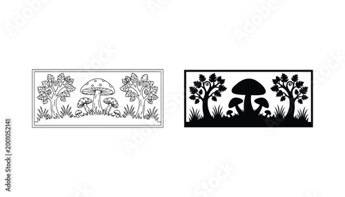 Mushroom forest landscape scene vector illustration in a rectangular frame featuring outline and solid black silhouette styles for nature-themed graphic design