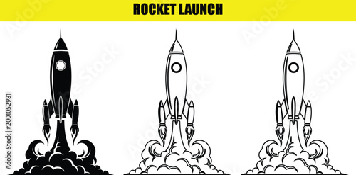 Rocket launch illustration in three styles black white and line art on transparent background space travel.