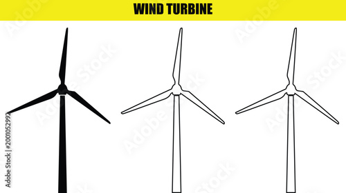 Wind turbine illustration in three styles black white and line art on transparent background clean energy concept.