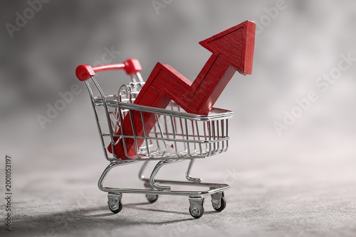Small shopping cart with red rising arrow representing price inflation