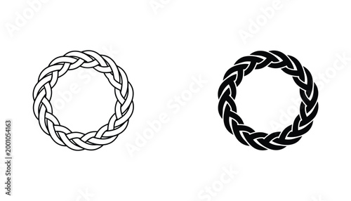 Circular braided rope wreath vector illustration featuring intricate knot patterns in both outline and solid black silhouette styles for nautical or rustic design concepts