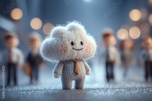 Cute fluffy cloud character in office attire, concept of positive work culture and emotional intelligence