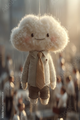 Cute fluffy cloud character in office attire, concept of positive work culture and emotional intelligence