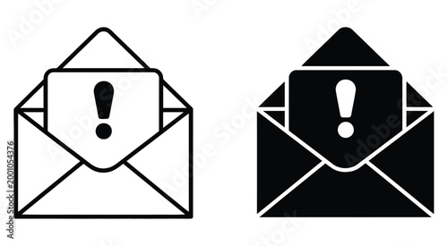 Open envelope with exclamation mark vector icon set representing urgent message notifications, email alerts, important communication, warning inbox updates, and priority messaging
