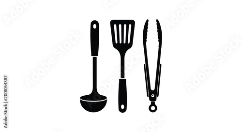 Black silhouette kitchen utensils ladle spatula and tongs culinary tools