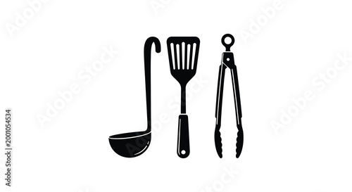 Black silhouette kitchen utensils ladle spatula and tongs culinary tools