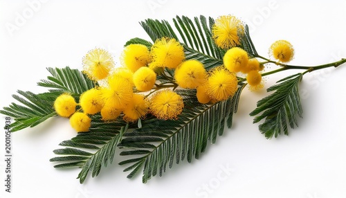 mimosa flower yellow flowers on a branch with green leaves isolated on a white background
