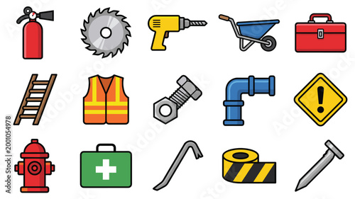 Construction and Safety Tools Icon Set with Fire Extinguisher, Drill, 
Circular Saw, Wheelbarrow, Toolbox, Ladder, Safety Vest, Bolt, Pipe, 
Warning Sign, First Aid Kit, Crowbar, Caution Tape and Nail
