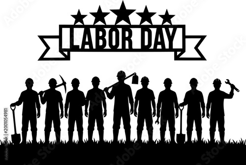 Labor day silhouette vector illustration featuring a group of industrial workers with construction tools and stars.