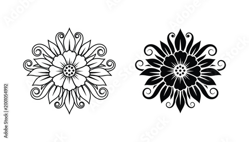 Symmetrical ornamental flower vector illustration with curling petals and intricate details in both outline and solid black silhouette styles for luxury branding or textile patterns