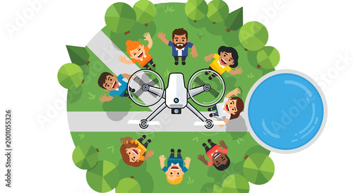 Diverse Group of Happy People Waving at a Drone from Above