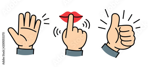 Hand gesture reaction icons in playful cartoon sticker style including speech bubble palm, finger snap, and thumbs up, representing expressive messaging, social engagement, reaction feedbac