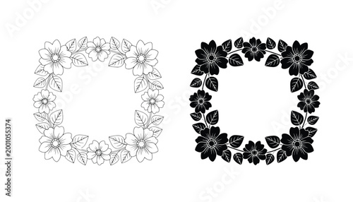 Square flower wreath frame featuring detailed botanical leaves and blossoms in both outline and solid black silhouette styles for wedding decor and scrapbooking design