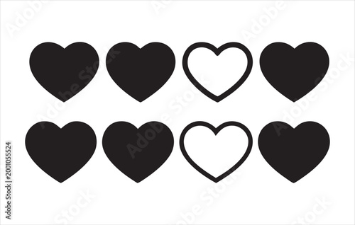 Set of realistic black heart icons on white background for Valentines day and love themes.