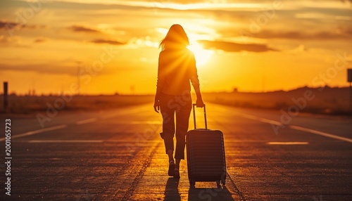 Woman Walking with Suitcase on Road at Sunset