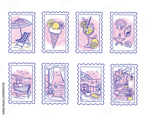 Vector set of summer travel postage stamps with hand-drawn line art illustrations of Mediterranean vacation. Collection of decorative stamps featuring sea views, beach chair, gelato, cocktail, seashel